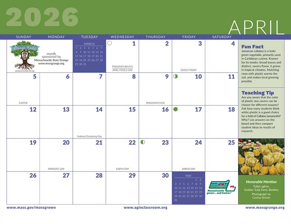 April in the 2026 calendar for the Massachusetts Department of Agricultural Resources