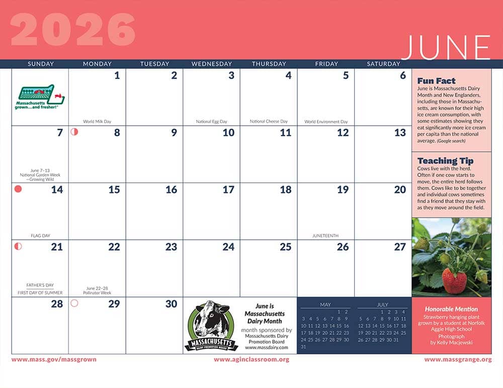 June in the 2026 calendar for the Massachusetts Department of Agricultural Resources