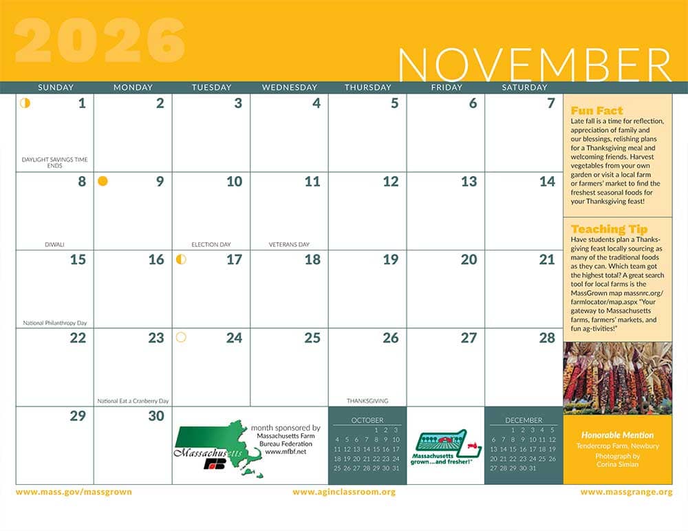 November in the 2026 calendar for the Massachusetts Department of Agricultural Resources